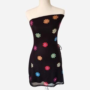 Y2K 90s Disco Mini Dress Multi-Color Floral Print and Cut-Out Detail Black S